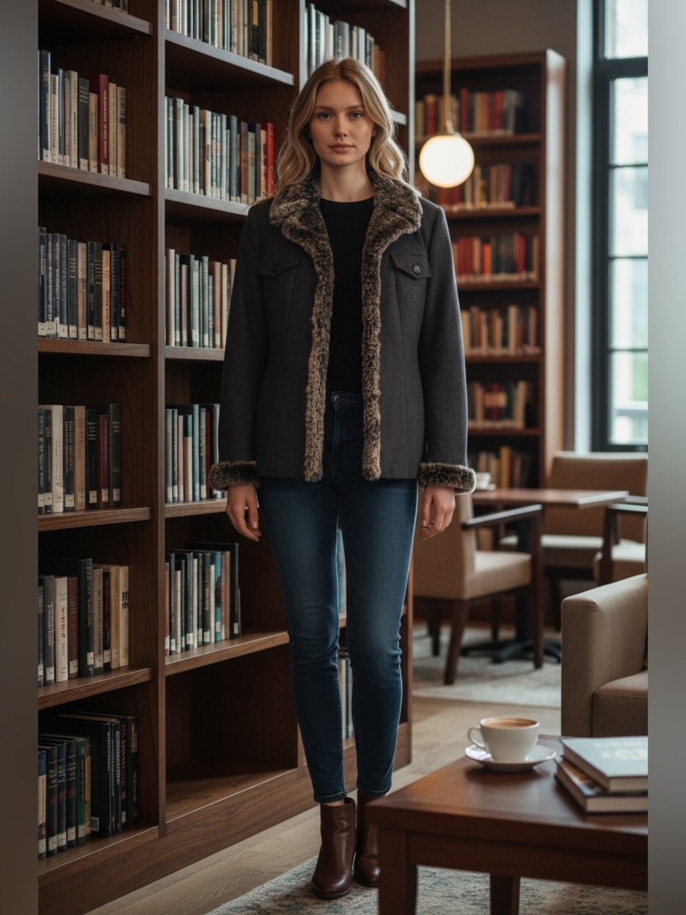 APANAGE Charcoal Grey Jacket with Genuine Rabbit Fur Trim - Size US 8